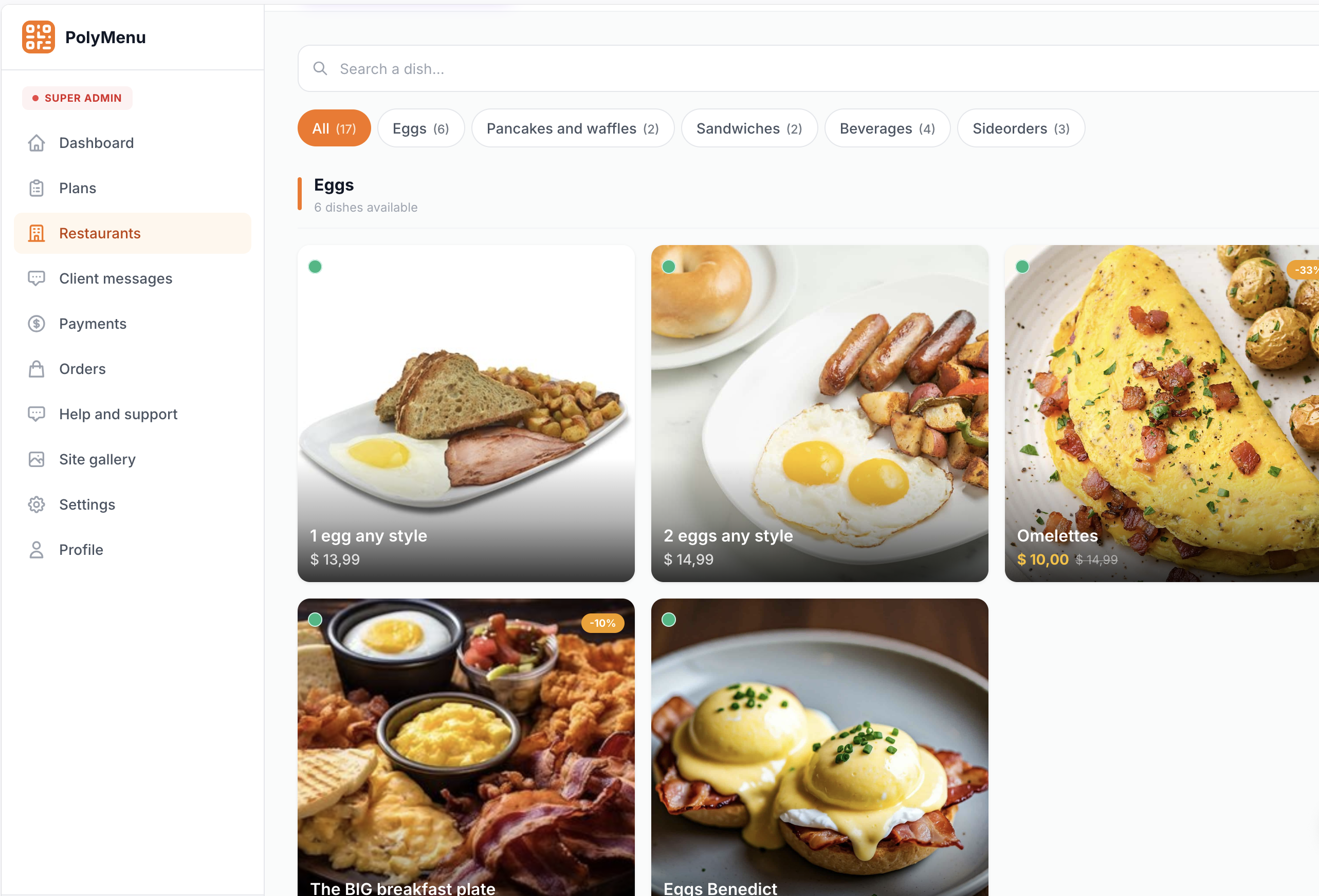 Preview of digital menu and dish management